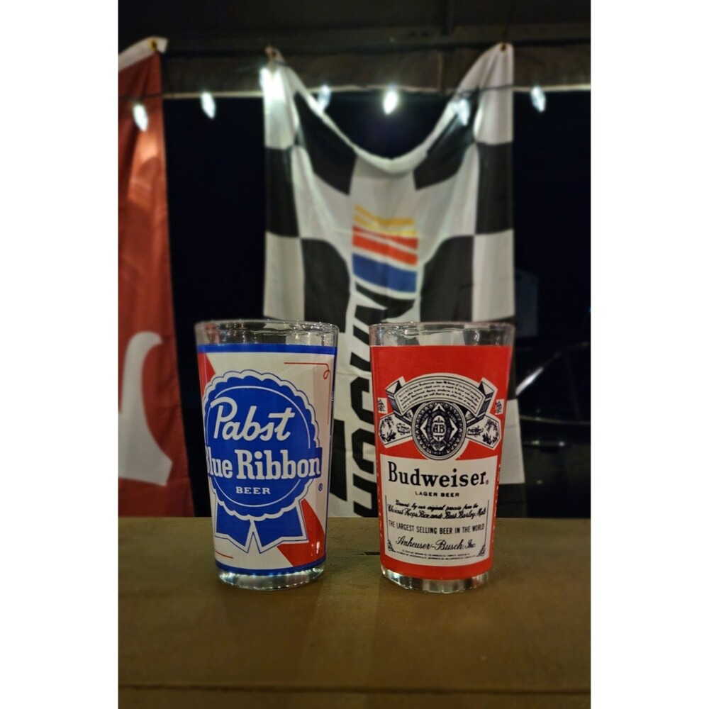 Vintage Pabst Blue Ribbon PBR & Budweiser Beer Glasses Set of 2 12 oz Barware